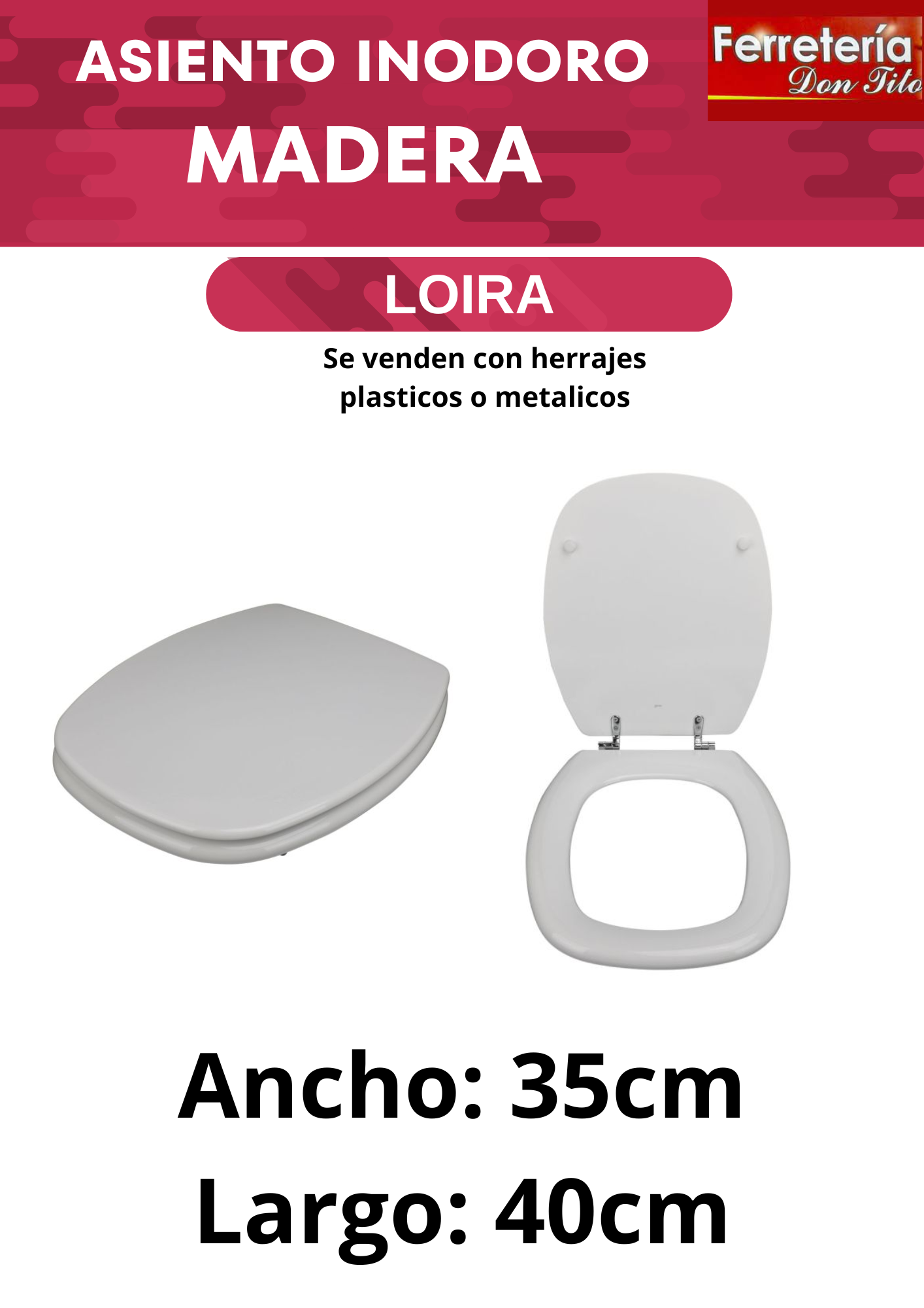 ASIENTO DE INODORO GLOA HDF LINEA LOIRA HERRAJES PLÁSTICOS