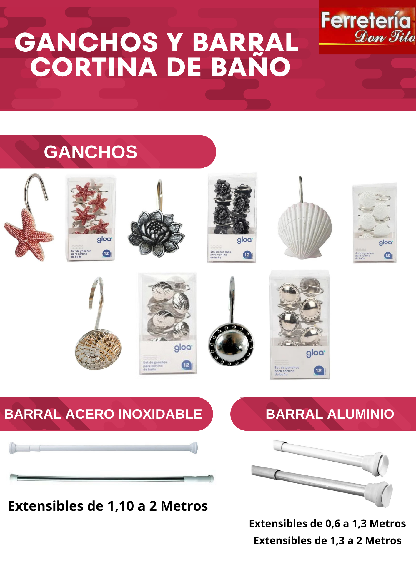 BARRAL EXTENSIBLE RECTO PARA CORTINA DE BAÑO EXTENSIBLE 1,10 A 2 MTS ACERO INOX ACERO