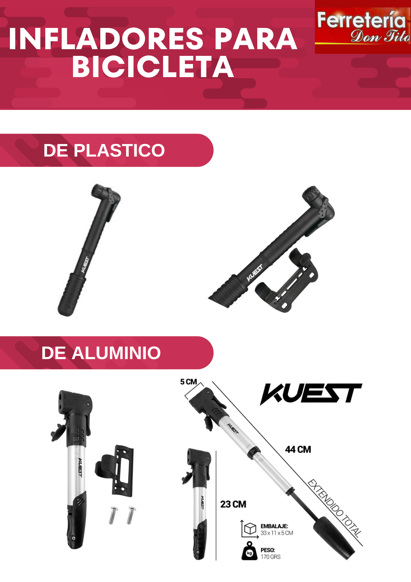 INFLADOR PORTATIL PARA BICICLETA KUEST DE PLASTICO