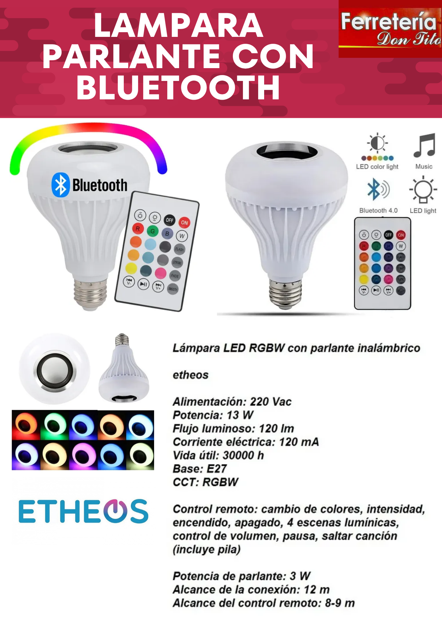 LÁMPARA LED ETHEOS RGBW CON PARLANTE ETHEOS 13W
