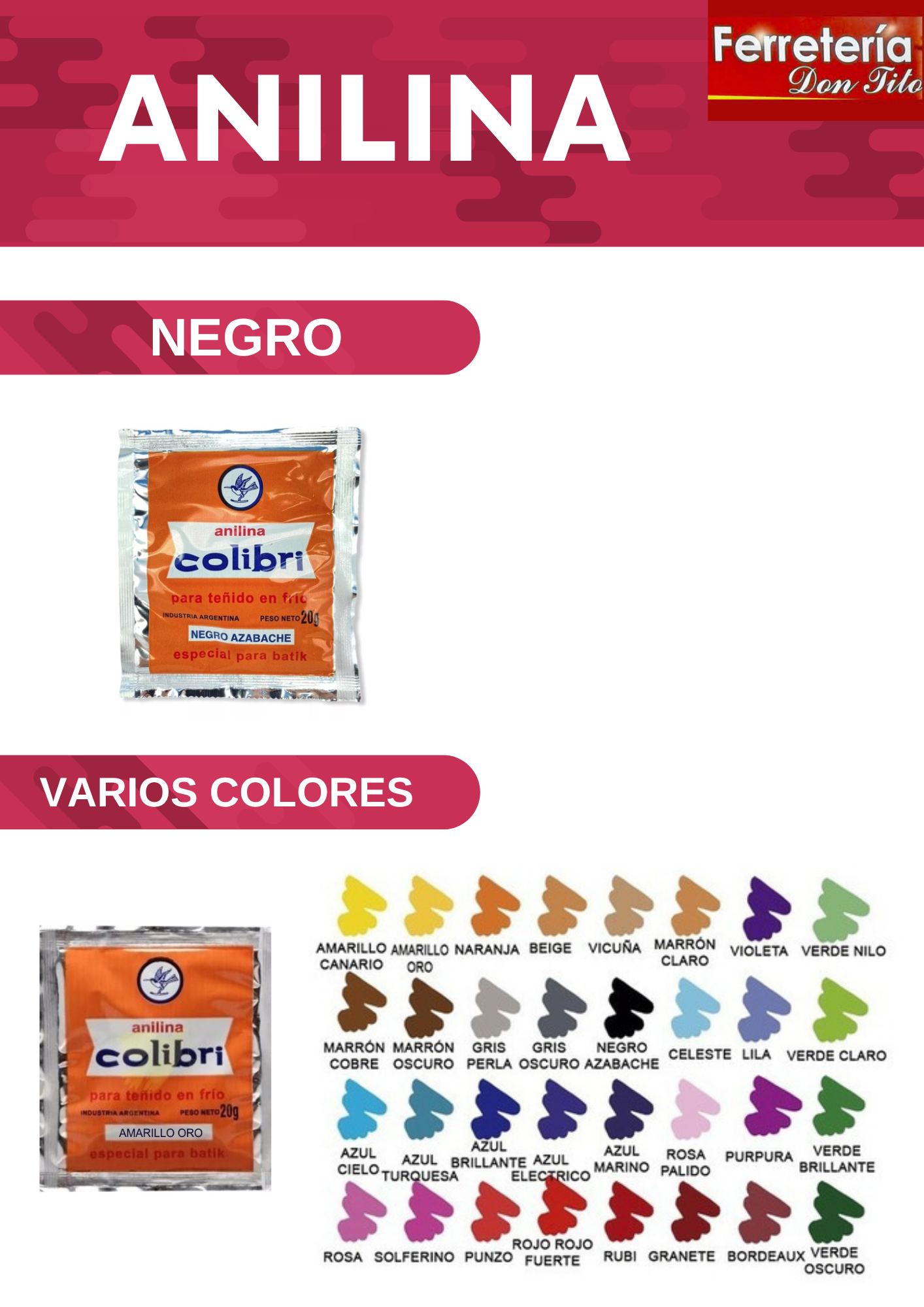 ANILINA COLORES COLIBRI X 20 GR P/ TEÑIR EN FRIO
