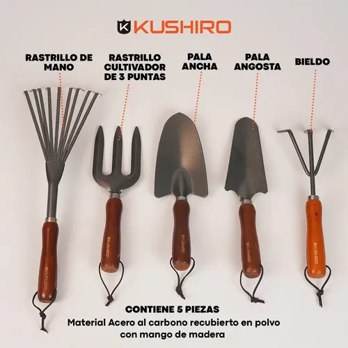 SET DE JARDINERIA DE MANO X 5  KUSHIRO PALA ANCHA, ANGOS, CULTIV,HORQ, RASTRILLO
